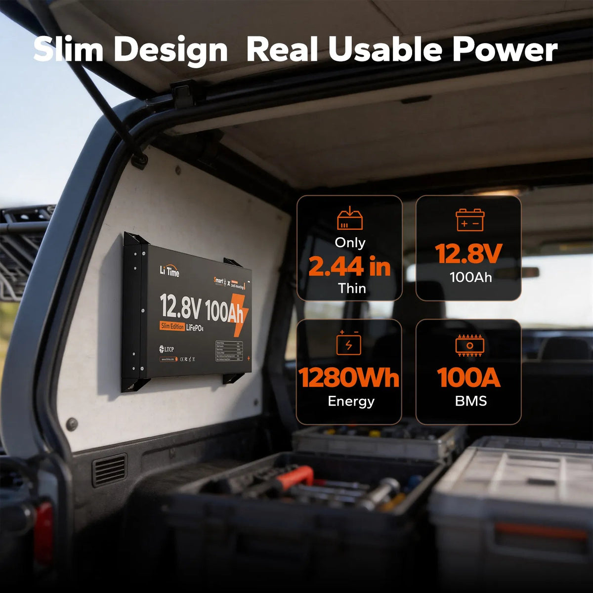 Batería LiTime 12V de 100Ah LiFePo4 Ultra Slim Montable