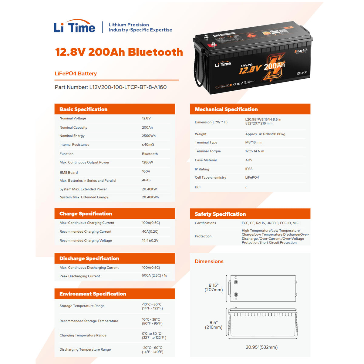 Batería LiTime 12V de 200Ah LiFePo4 Smart