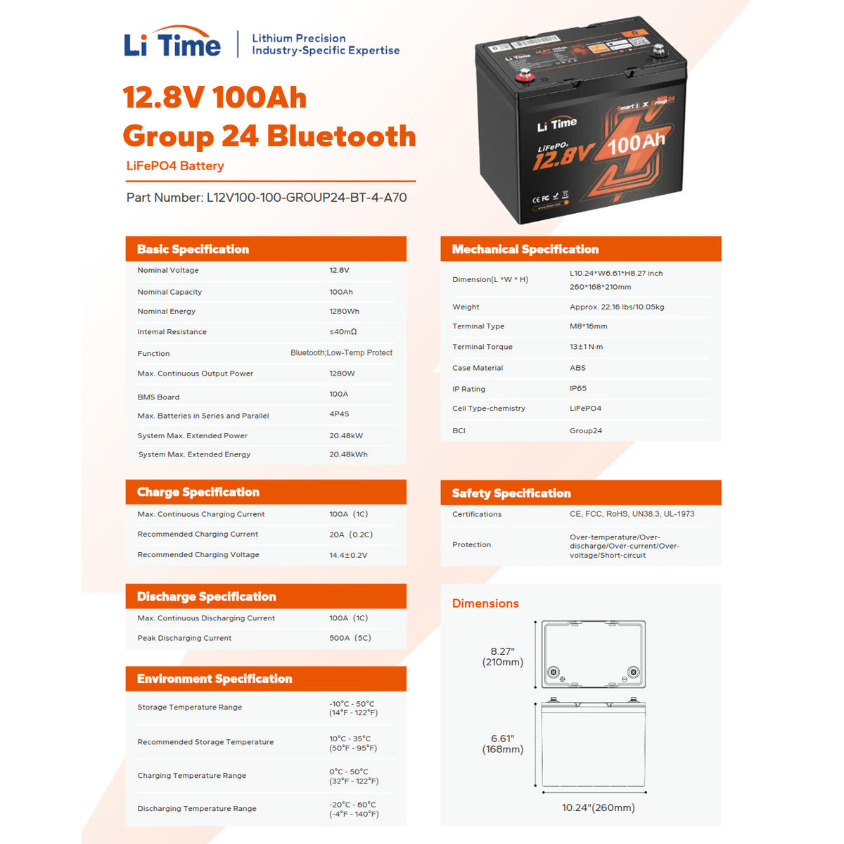 Batería LiTime 12V de 100Ah LiFePo4 Smart