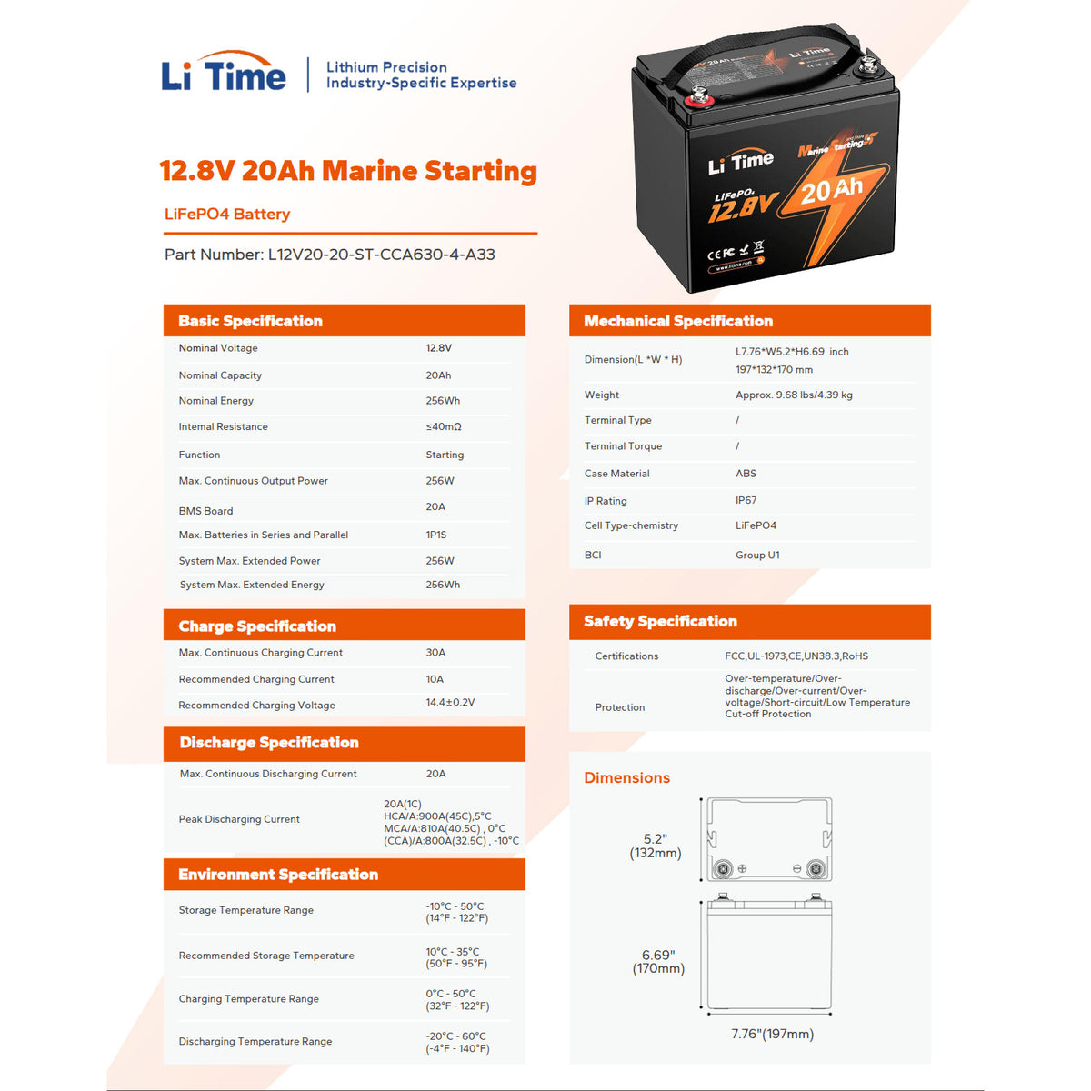 Batería LiTime 12V de 20Ah LiFePo4 para Arranque