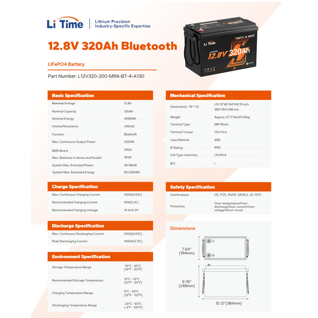 Batería LiTime 12V de 320Ah LiFePo4 Mini Smart