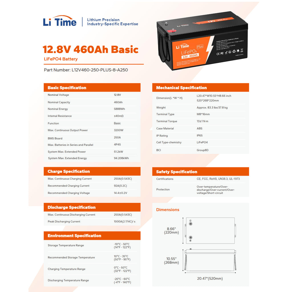 Batería LiTime 12V de 460Ah LiFePo4 para Camper, Remolque, Hogar