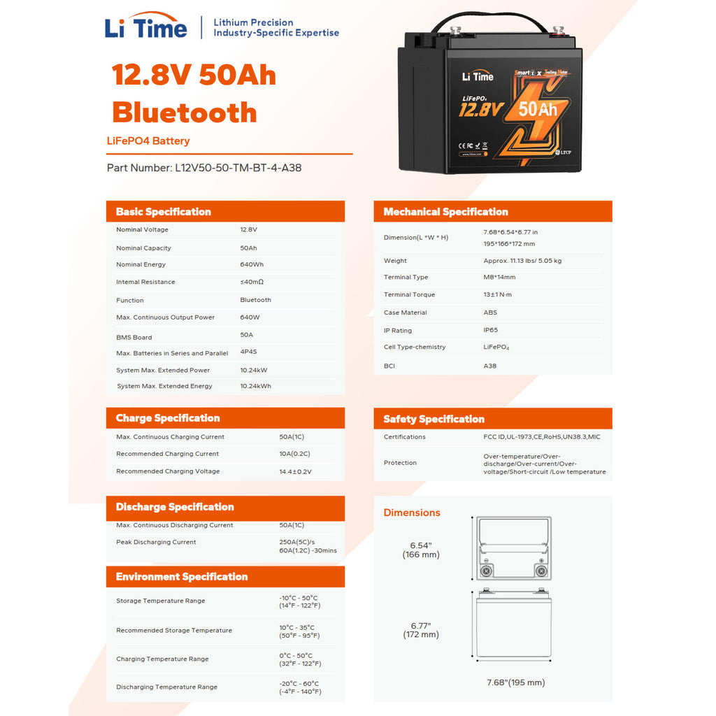Batería LiTime 12V de 50Ah LiFePo4 Smart