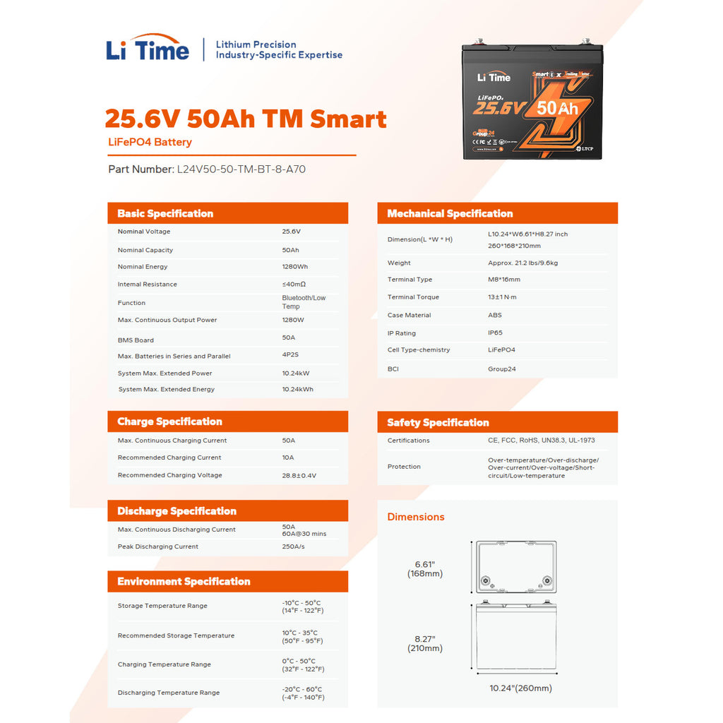 Batería LiTime 24V de 50Ah LiFePo4 Smart
